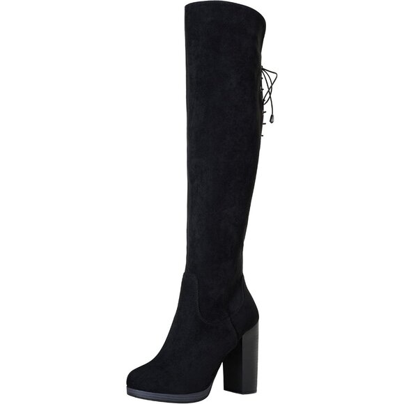 🆕Women's Black-imitation Suede Thigh High Over The Knee Rounded Toe Tall Boot - Picture 3 of 8